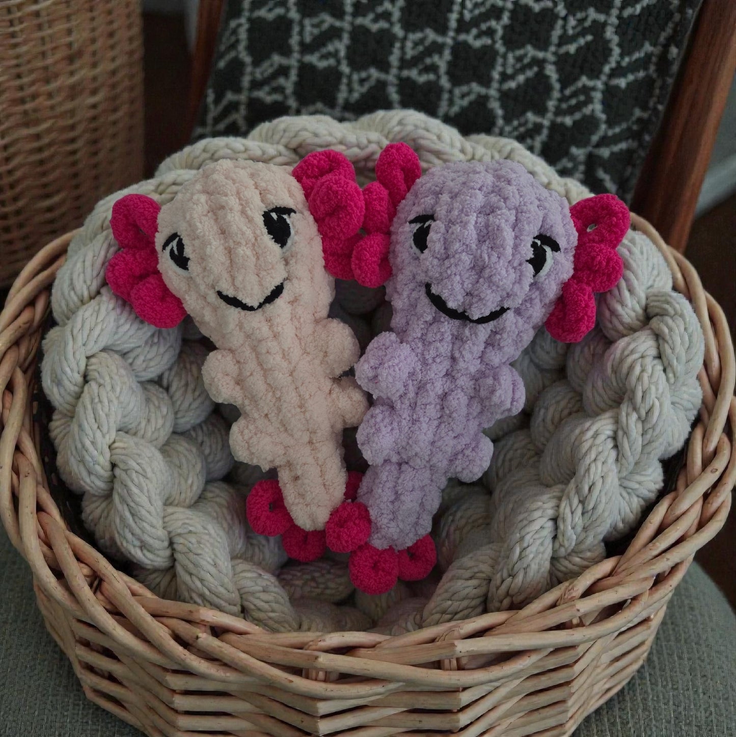 Chunky Finger Knit Axolotl Plushie | Handmade Chenille Yarn Axolotl Stuffie |
