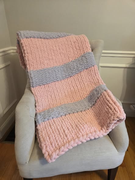 Hand-knit Peach & Grey Blanket