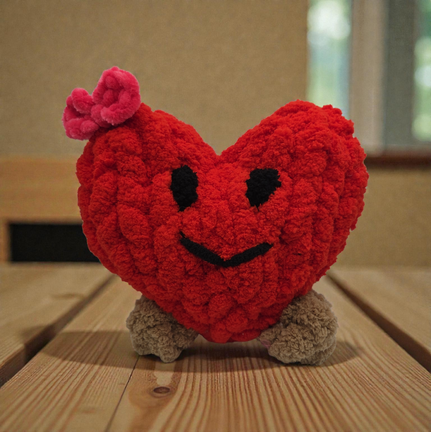 Handmade Fluffy Smiling Heart Plush with Pink Flower — Cute Valentine Gift, Soft Decorative Heart