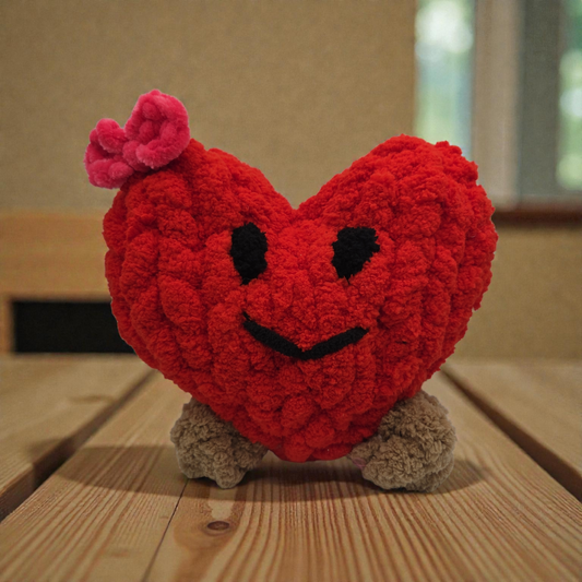 Handmade Fluffy Smiling Heart Plush with Pink Flower — Cute Valentine Gift, Soft Decorative Heart