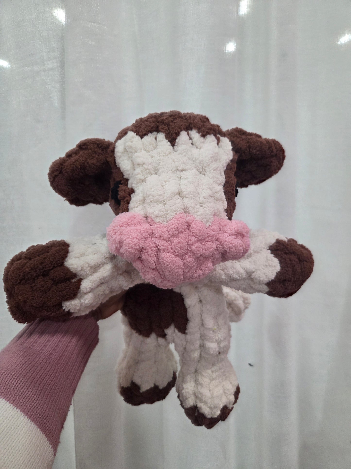 Hand Knit Highland Cow Snuggler – 16” Plush Lovey – Handmade Scottish Cow Stuffed Animal – Baby Shower Gift – Farm Nursery Decor