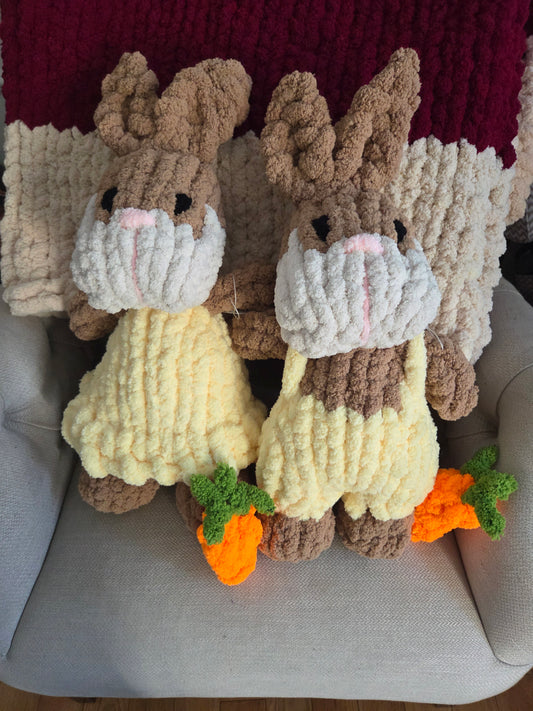 Hand Knit Bunny Duo – Girl in Dress & Boy in Overalls – Soft Plush