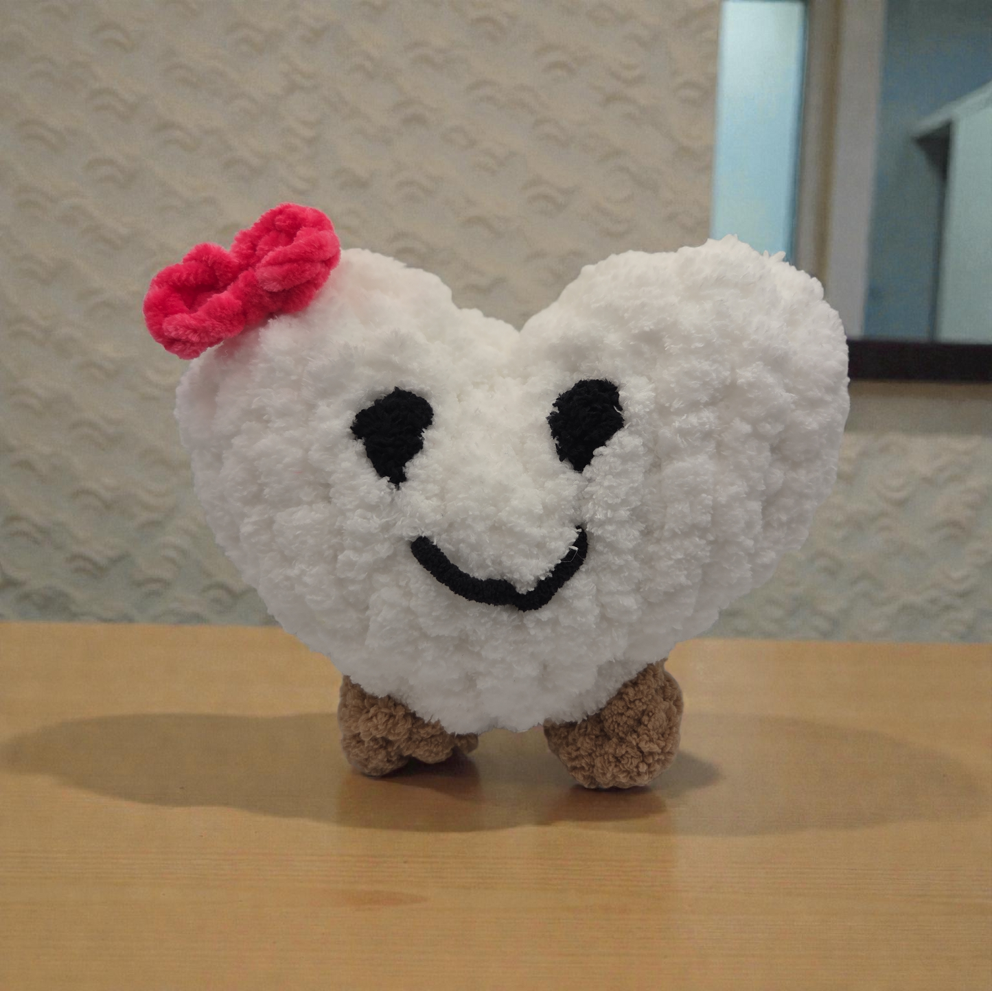 Handmade Fluffy Smiling Heart Plush with Pink Flower — Cute Valentine Gift, Soft Decorative Heart