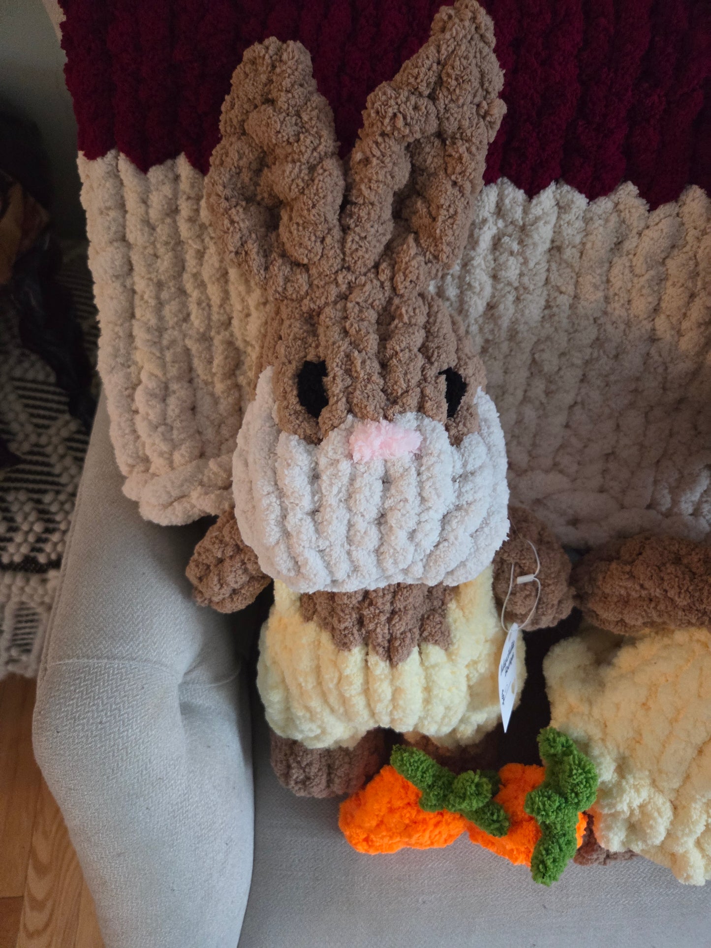 Hand Knit Bunny Duo – Girl in Dress & Boy in Overalls – Soft Plush