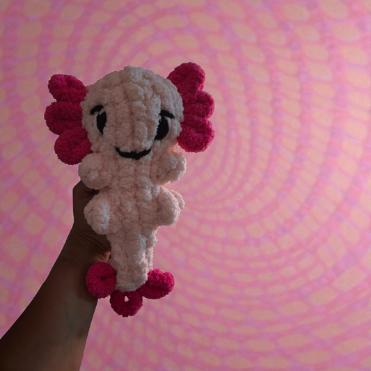 Chunky Finger Knit Axolotl Plushie | Handmade Chenille Yarn Axolotl Stuffie |