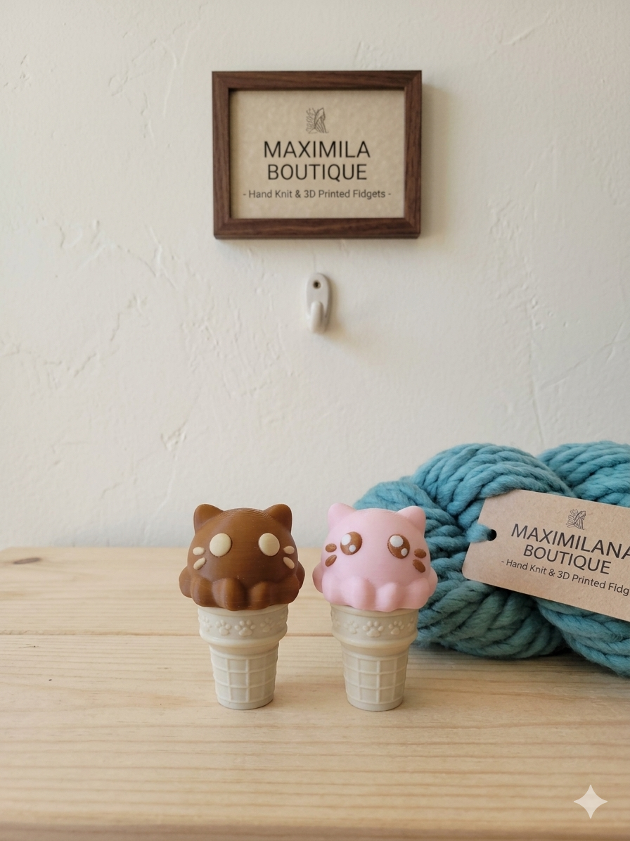 3D Printed Cat Ice Cream Cone Fidget Clicker - Sweet Treat Sensory Toy & Desktop Collectible