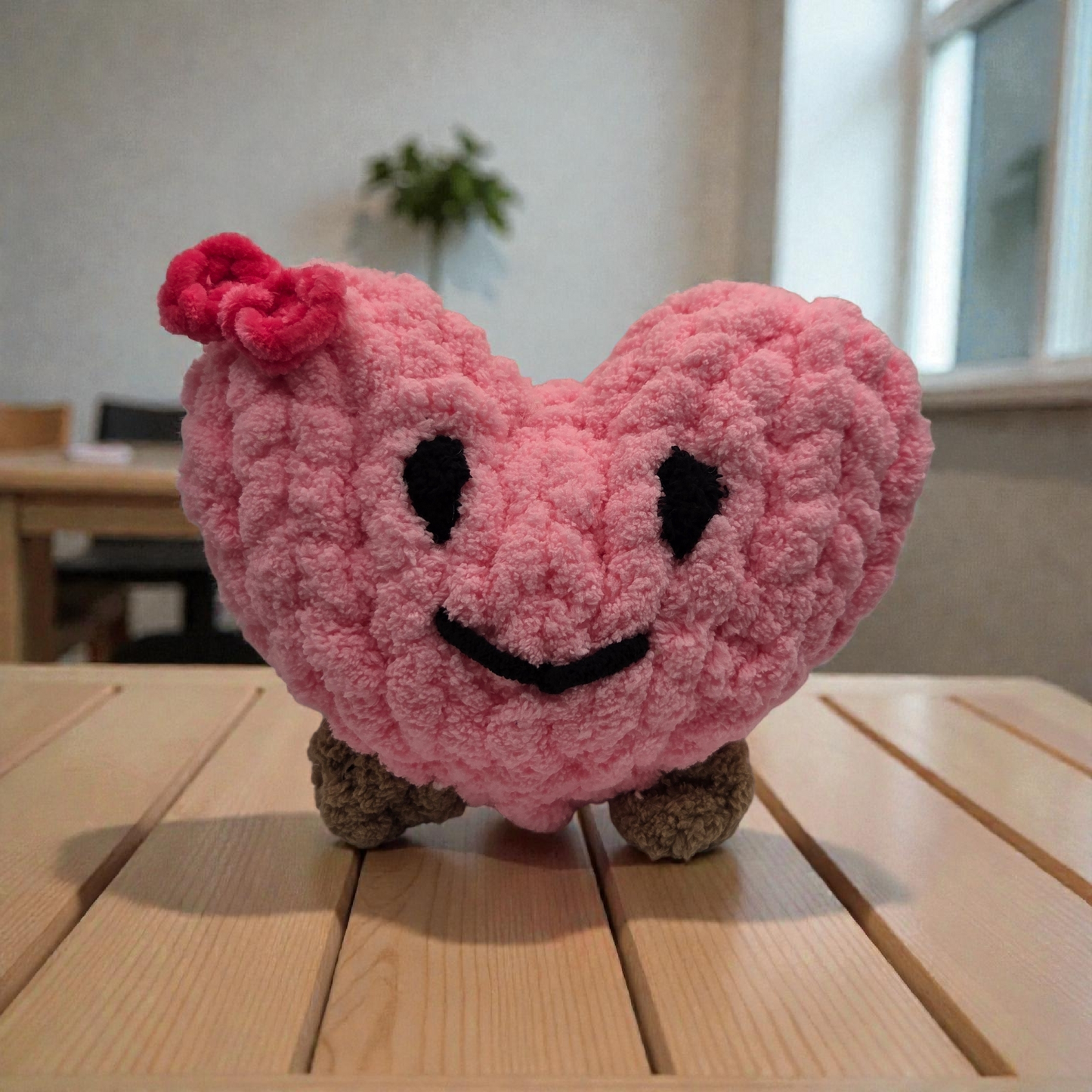 Handmade Fluffy Smiling Heart Plush with Pink Flower — Cute Valentine Gift, Soft Decorative Heart